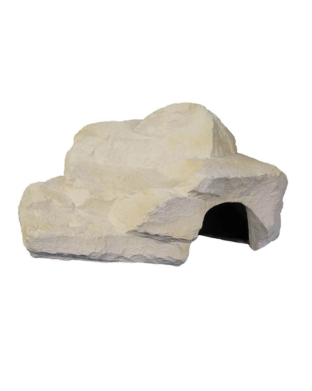 Höhle X-Large bergig Hell aus Mineralguss – Terrarienversteck und Sonnenplatz in natürlicher Steinoptik.